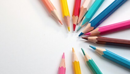 Fototapeta premium High angle view of scattered pencils on white , stationery, still life, white background