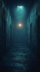 Obraz premium A dark, atmospheric corridor with doors, illuminated by a single light bulb, evoking a sense of mystery and suspense.