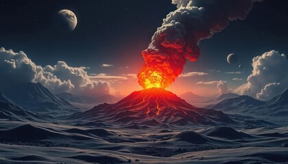 Volcanic eruption at night