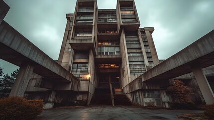 Fototapeta premium A dramatic view of a modernist concrete building under an overcast sky, showcasing architectural lines and an abandoned appearance.