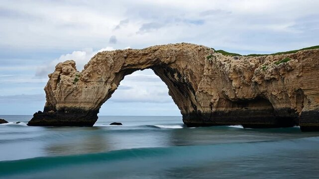Scenic beauty of the natural arch of Porticello in Sicily Italy, with waves crashing against the rocks providing a soothing landscape view