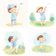 Cute Kid Playing Golf Watercolor Clipart Bundle

