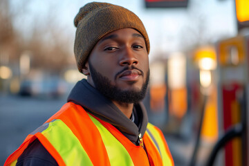 African American gas station worker smiling with copy space 