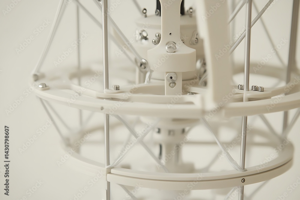 Poster close-up view of a complex white mechanical device, showcasing intricate details of its geometric st