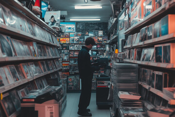 Man in vintage vhs rental store