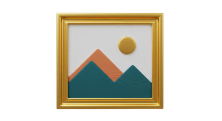 Isolated Golden Picture Frame with Minimalist Landscape Illustration