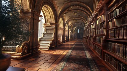 Obraz premium Enchanting library with medieval architecture and sunlight streaming through image