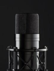 Close-up of a black microphone in a dark studio setting