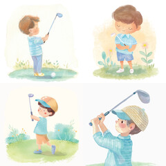 Cute Boy and Girl Golfer Watercolor Clipart

