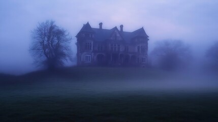 Misty Manor: A Gothic Ethereal Mansion in a Foggy Landscape