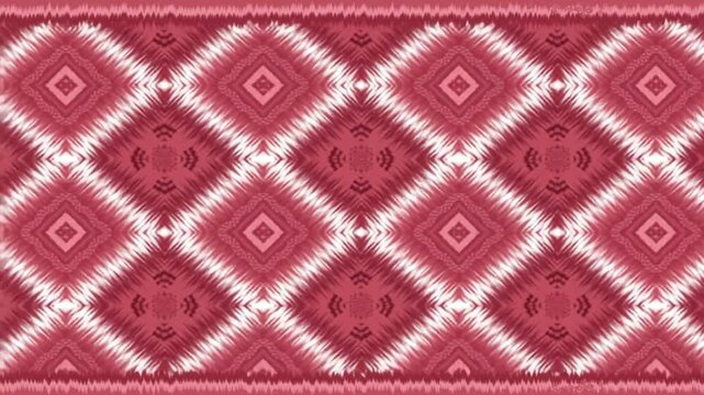 Seamless red and white geometric pattern featuring diamond shapes with intricate ikat inspired textures, blending traditional and modern aesthetics for bold, vibrant, and symmetrical designs.