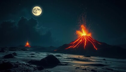 Volcano erupting at night under a full moon