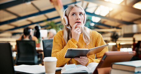 University, thinking or woman in library with books, project or course for assignment or planning. Headphones, learning or girl studying with education for exam, problem solving ideas or college test