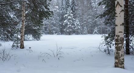 Winter Forest Scene with Snow Covered Trees and Open Field