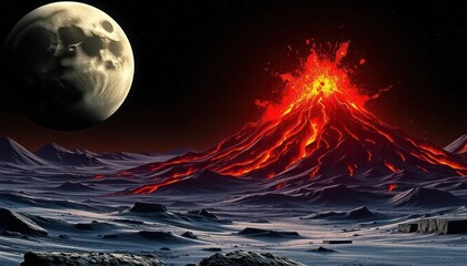 Volcano erupts on a moon-like landscape, moon in background