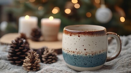Cozy Winter Mug with Candles and Pine Cones