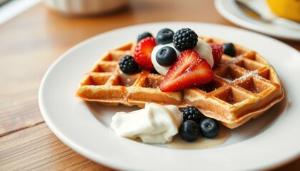 Waffle topped with berries and whipped cream