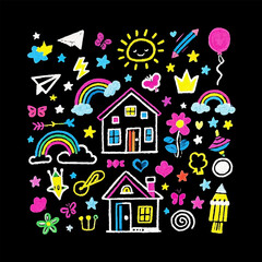 Obraz premium Childlike drawings on black background colorful doodles art set