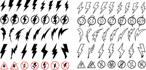 Multitype Black Outlined Electrical-Sparkle Icon Bundle. Graphical Arts and Illustration set  Representing Electric Signs and Symbols on white background.  