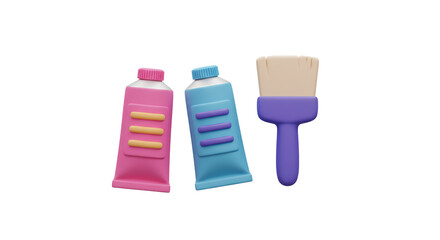 Isolated Colorful Paint Tubes and Brush for Artistic Creation