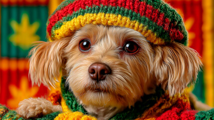 Adorable Dog Wearing Colorful Rastafari Hat on Neutral Background