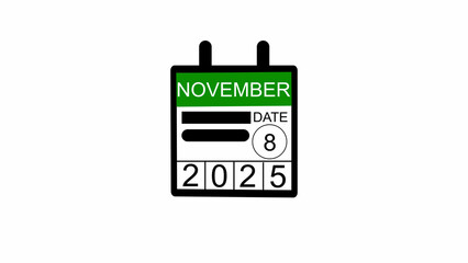 Fototapeta premium November 2025 year 8 date calendar illustration, on a white background. 