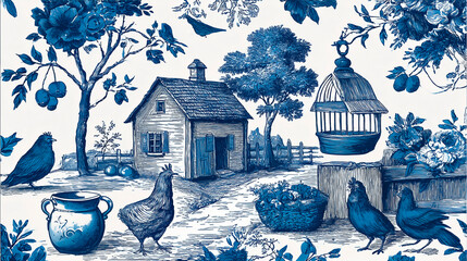 Blue Farmhouse Toile de Jouy Pattern with French Country Charm