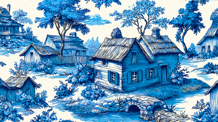 Blue and White Cottagecore Toile Pattern Featuring Old Village Scenes