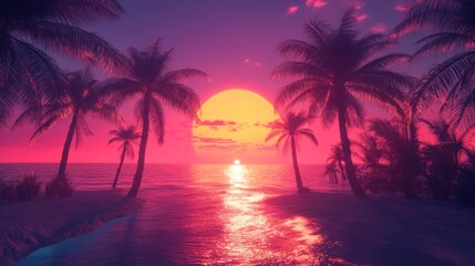 Pink and Purple Pixel Art Sunset Over Tropical Beach