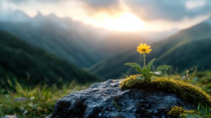 A lone yellow flower stands resilient on a rocky surface amidst a breathtaking mountain range, encapsulating themes of survival and exquisite natural beauty.