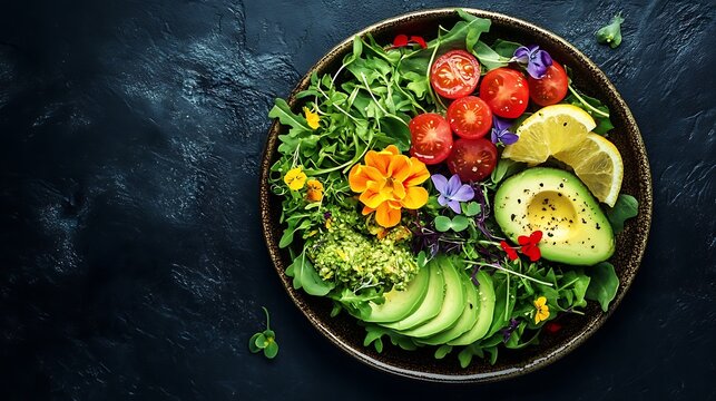 Healthy vegan salad bowl with avocado cherry tomatoes lemon and edible flowers on dark background