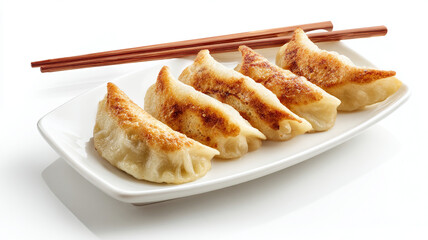 Pan fried dumplings on white plate with chopsticks. Delicious and savory