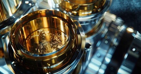 Close-up of futuristic circuit components reflecting gold and metallic hues.