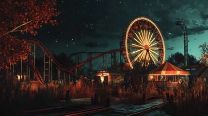 Obraz premium Abandoned amusement park at night under a starry sky.