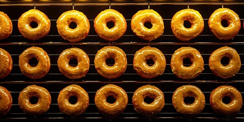 Fototapeta premium a golden, freshly glazed donuts arranged neatly on a cooling rack, glistening under bakery lights