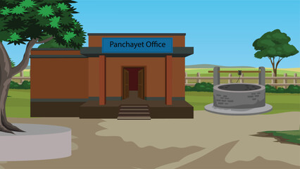 Indian Panchayet Office vector illustration.Rural village office in a green field