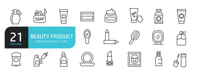 Fototapeta premium Set of line icons related to beauty product, cosmetic, makeup. Outline icons collection. Editable stroke. Vector illustration