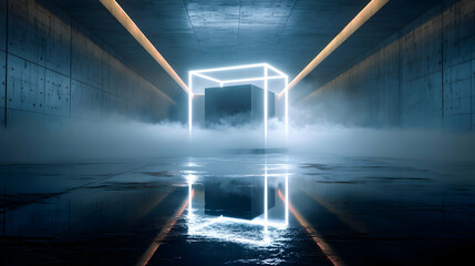 A captivating scene unfolding within a fog filled arena adorned with neon cube artwork