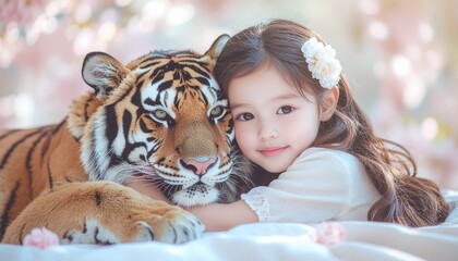A little girl with long hair big open green eyes and flowers in her hair hugs an adult tiger. The close-up of the face shows the head resting on the girl's hands, and the whole body of the tiger can b