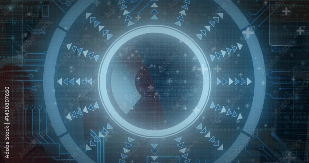 Aufkleber ui designer interacting with tech hud interface, displaying segmented ring arcs and arrow markers