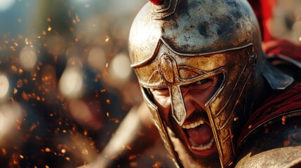 A powerful Spartan warrior charges into battle, his armor gleaming and emotions running high amidst a backdrop of chaos and fire, representing courage and aggression.