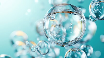 An abstract depiction of water bubbles beautifully suspended in a serene blue background, representing calmness and the beauty of nature in every drop.