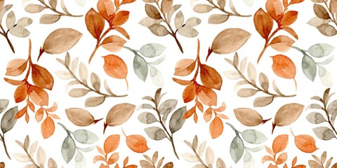 Watercolor Autumnal Leaf Pattern on White Background