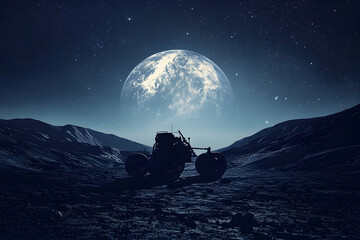 Silhouette of a lunar rover against the backdrop of earth and moon.