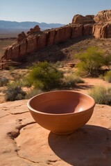 Clay Bowl Sitting on Rock in Desert Landscape on Sunny Day