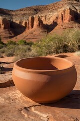 Clay Pot on Rock Formation with Desert Landscape