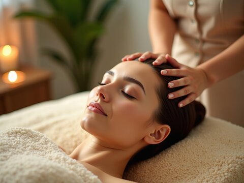 Escena relajante de una mujer que recibe un suave masaje en la cabeza y el cuero cabelludo