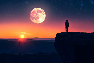 Fototapeta premium Silhouetted figure on a clifftop gazing at a vibrant sunset and a large pink moon.