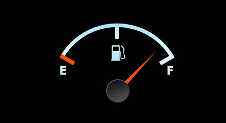 Naklejka premium Full gas meter, petrol meter, in blue on a black background. Copy space