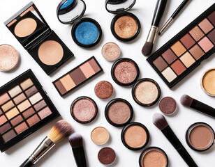 Set of cosmetics for makeup top view on white background.